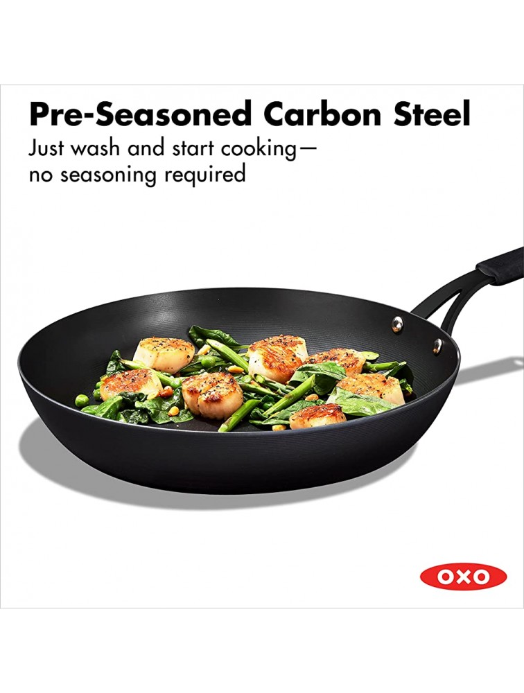 OXO Obsidian Pre-Seasoned Carbon Steel 12 Frying Pan Skillet with Removable Silicone Handle Holder Induction Oven Safe Black - BD97L7ITU