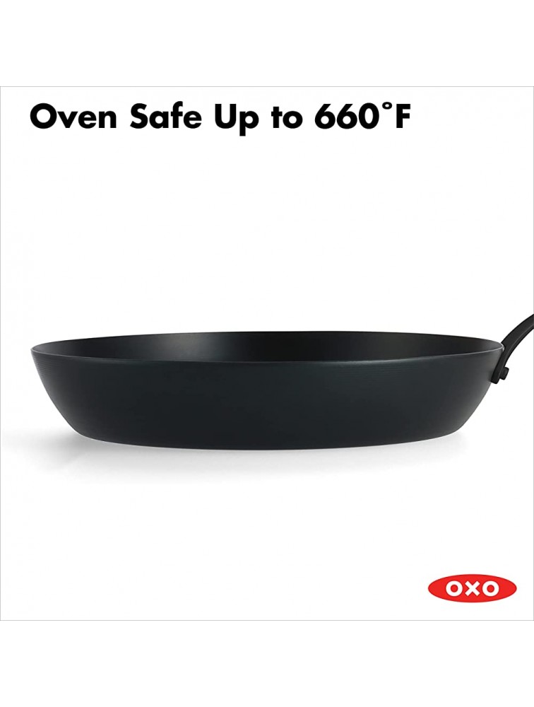OXO Obsidian Pre-Seasoned Carbon Steel 12 Frying Pan Skillet with Removable Silicone Handle Holder Induction Oven Safe Black - BD97L7ITU