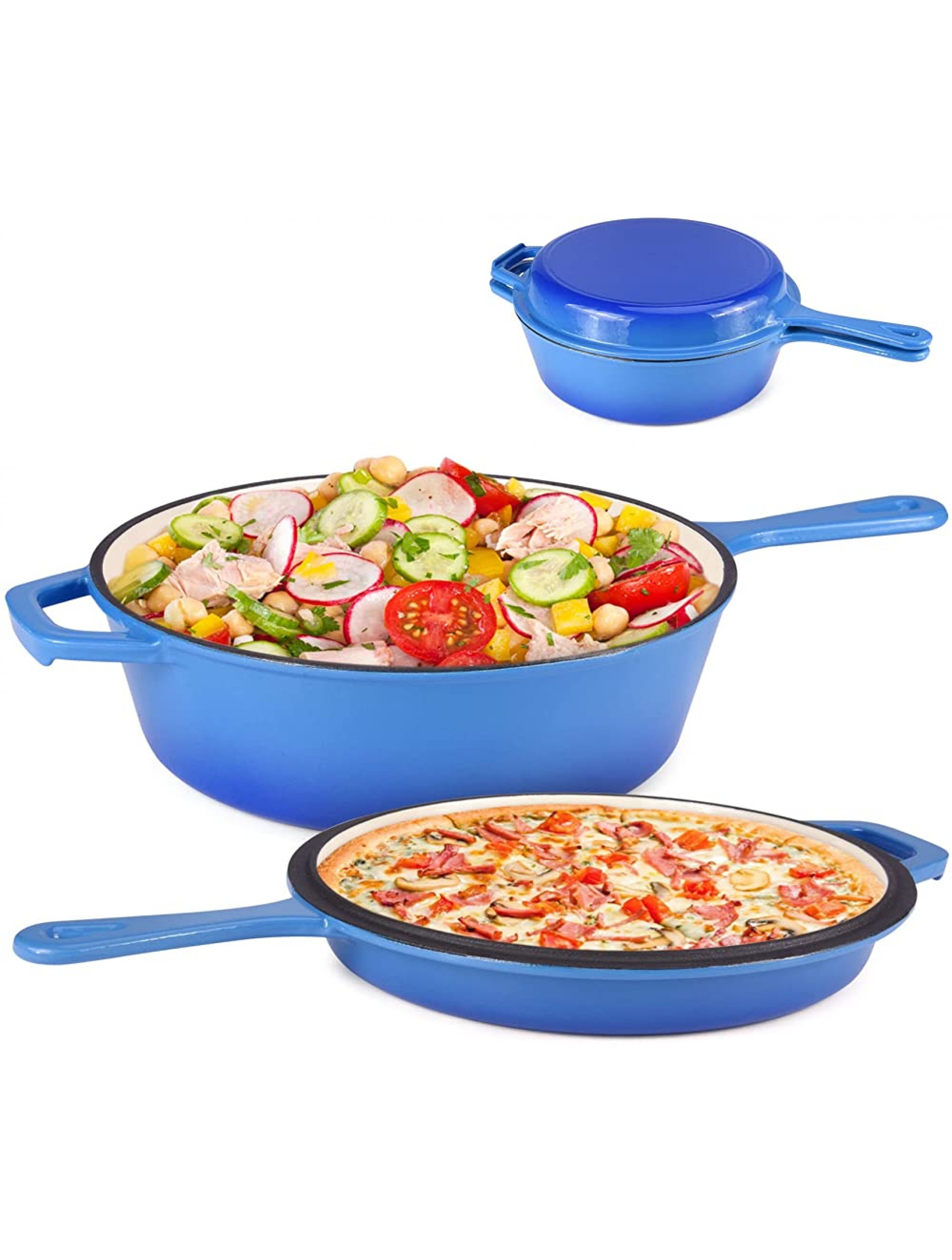 Suteck Enameled Cast Iron 2-In-1 Skillet Set Heavy Duty 3.2 Quart Enamel Cookware Pot and Lid Set Deep Saucepan and Shallow Skillet Dutch Oven Nonstick Frying Pan for Chef Kitchen Blue - B8X7XC690