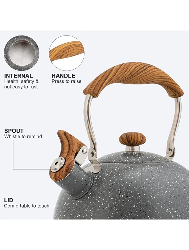 2.6 Quart 2.5 L Whistling Tea Kettle Stainless Steel Tea Pots for Stove Top Stylish Kettle With Wood Pattern Anti-slip Handle,Grey - BXSAMMYWP