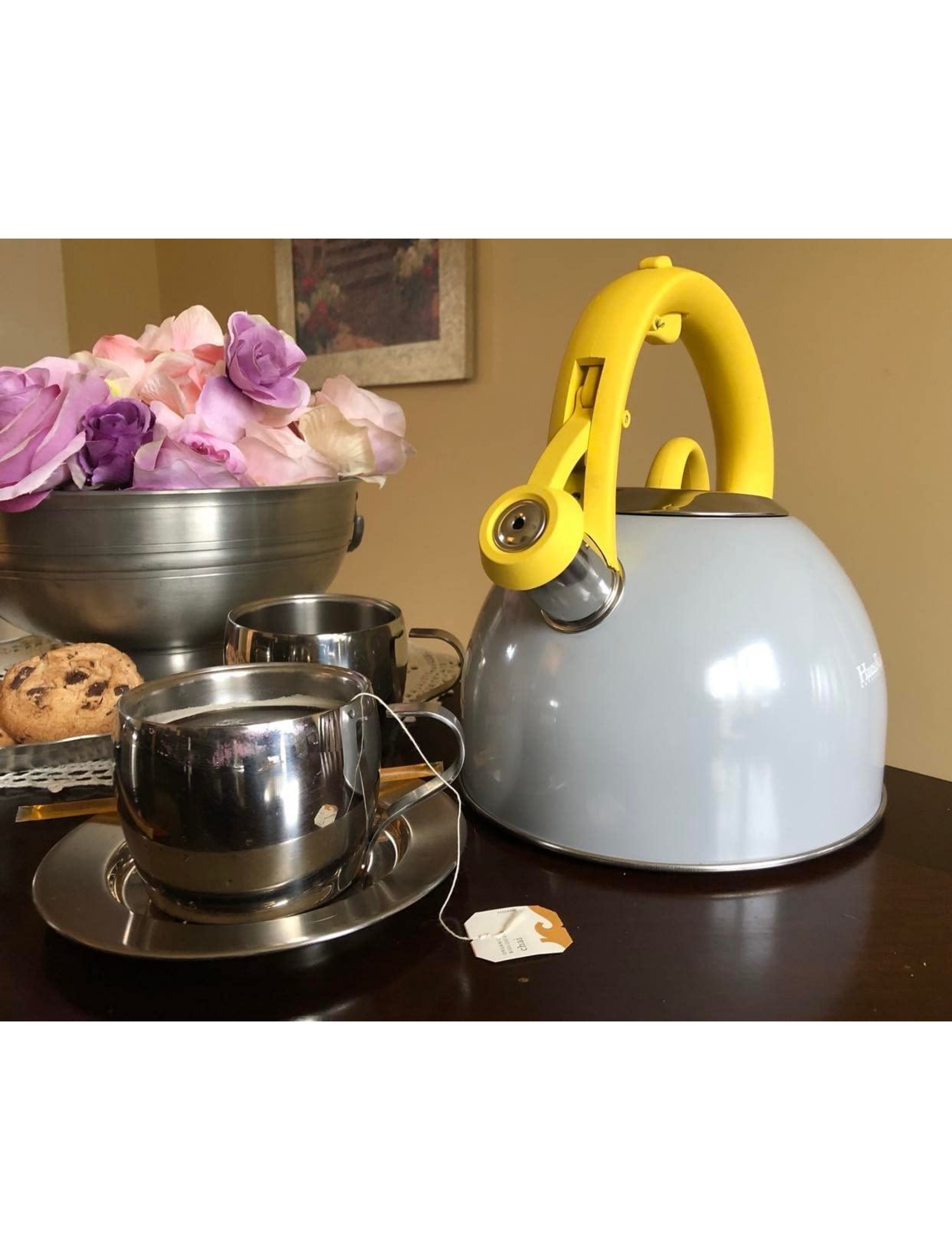 Eco- Friendly Tea Kettle for stove top 2.64 Quart Modern Grey and Yellow Food grade Stainless Steel Teapot Anti-Hot Handle Anti-Rust Shiny Finish Whistling Teapot Loud Whistle Large 2.5 Liter - BK6L2Y3G8