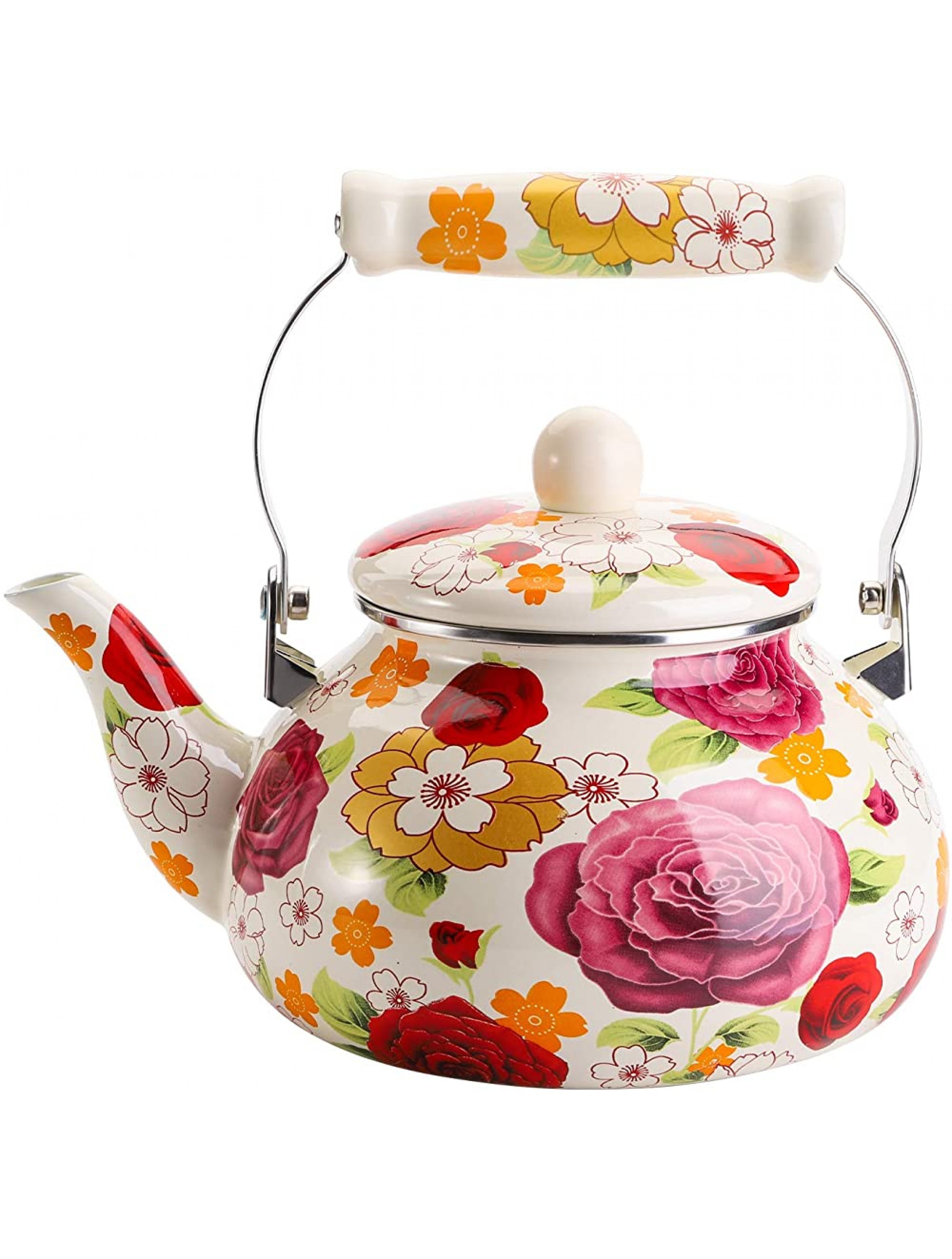 Jucoan Vintage Enamel Tea Kettle 2.6 Quart Large Rose Floral Enamel on Steel Teapot with Porcelain Handle for Stovetop - BKR9YXN0R
