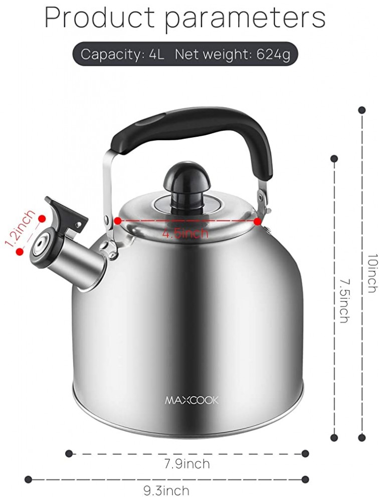 MAXCOOK 4.2 Quart 4L Stainless Steel Whistling Tea Kettle,Brushed Satin Suitable to Boiling Water & Tea on Induction Stove Gas Stove Top - BSJ0J9FAW
