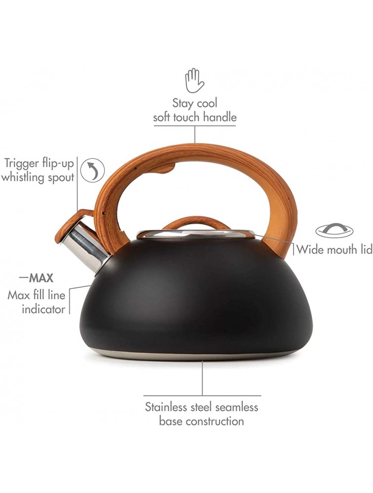 Primula Avalon Whistling Stovetop Tea Kettle Food Grade Stainless Steel Hot Water Fast to Boil Cool Touch Handle 2.5 Quart Black - BAWQSAN8B