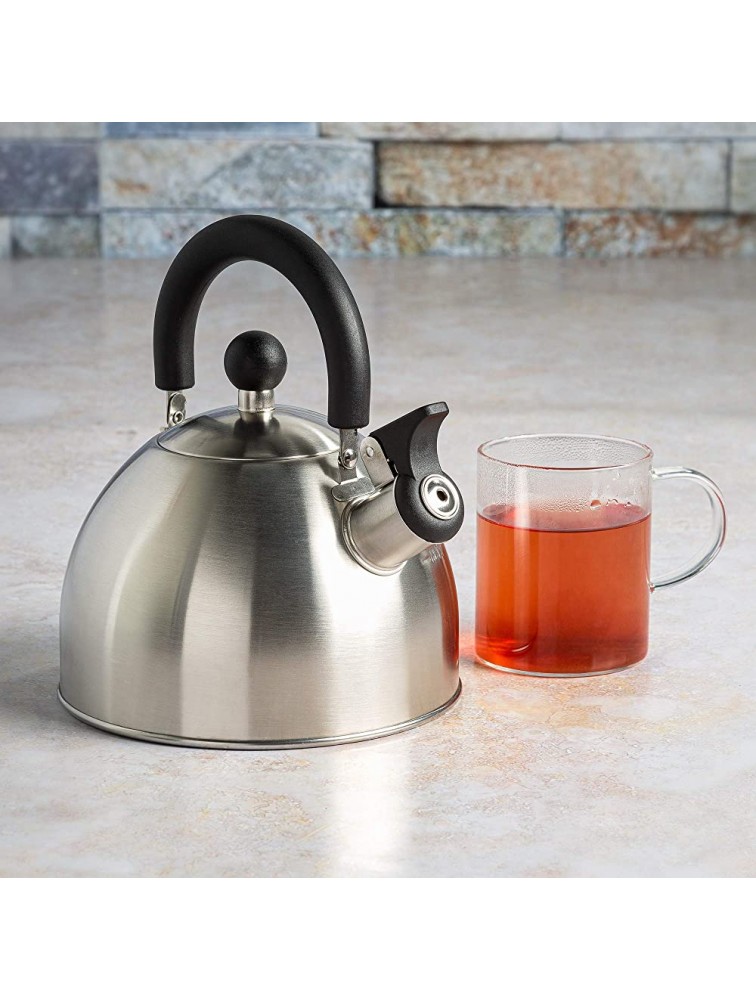 Primula Stewart Whistling Stovetop Tea Kettle Food Grade Stainless Steel Hot Water Fast to Boil Cool Touch Folding 1.5 Qt Brushed with Black Handle - B4QINATHV