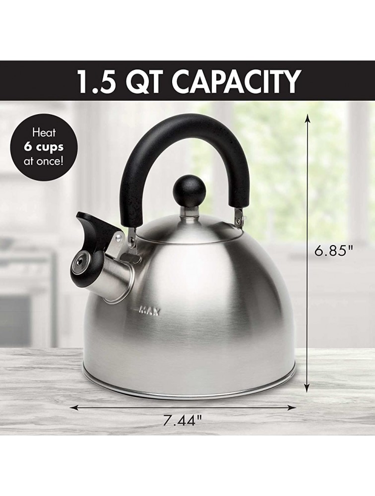 Primula Stewart Whistling Stovetop Tea Kettle Food Grade Stainless Steel Hot Water Fast to Boil Cool Touch Folding 1.5 Qt Brushed with Black Handle - BKLX6P70H