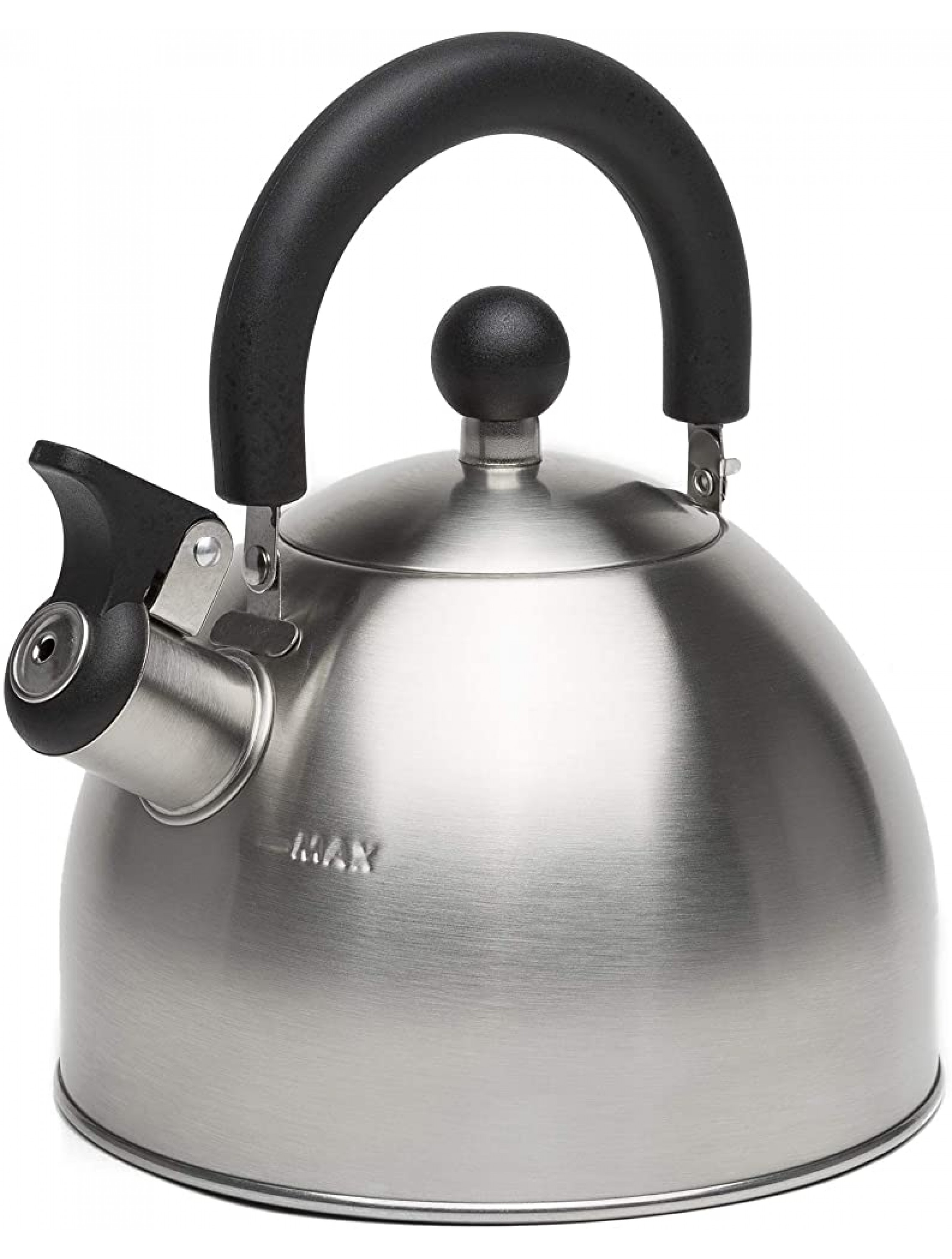 Primula Stewart Whistling Stovetop Tea Kettle Food Grade Stainless Steel Hot Water Fast to Boil Cool Touch Folding 1.5 Qt Brushed with Black Handle - BKLX6P70H