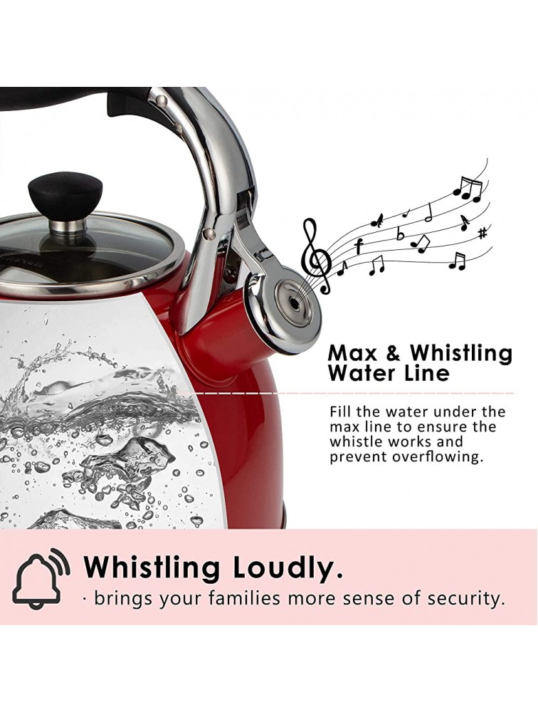 Rorence Whistling Tea Kettle: 2.5 Quart Stainless Steel Kettle with Capsule Bottom & Heat-resistant Glass Lid Red - BDWD70UUI