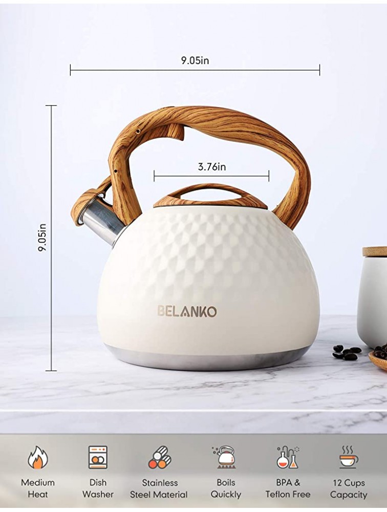 Tea Kettle 2.7 Quart 3 Liter BELANKO Stainless Steel Tea Kettles for Stove Top Food Grade Teapot with Wood Pattern Handle Loud Whistling for Coffee Milk etc Gas Electric Applicable Milk White - BOXB6U32D