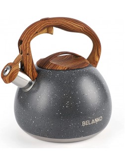 Tea Kettle 2.7 Quart BELANKO Teapot for Stovetops Wood Pattern Handle with Loud Whistle Food Grade Stainless Steel Tea Pot Water Kettle Gray - B3ZKFXPNV