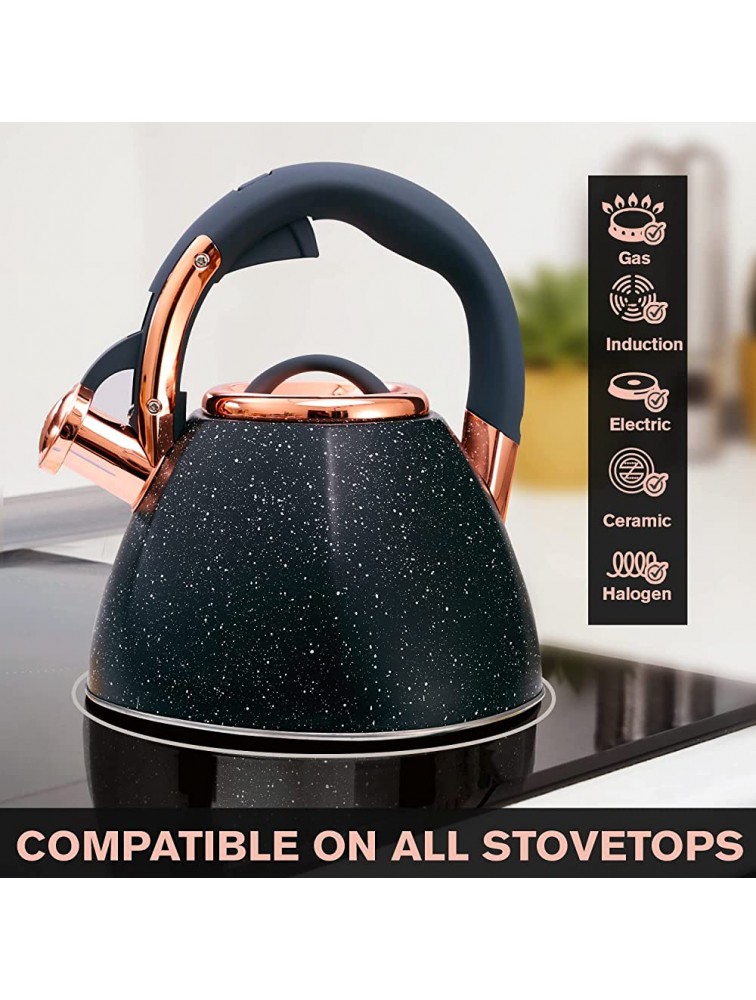 Tea Kettle Stovetop Whistling 3 QT Q-Cool Handle Surgical Grade Stainless Steel Teapot Compatible with all Stovetops Beautiful Stone and Copper Finish Modern Kettle - BQVSQE5K3