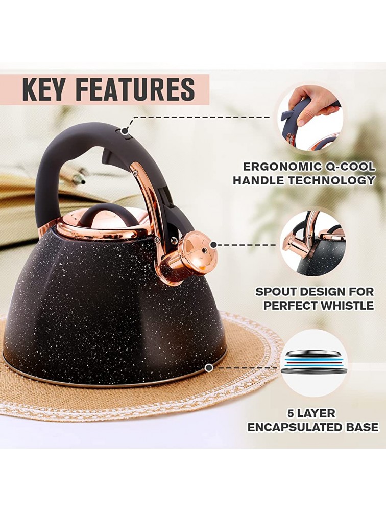 Tea Kettle Stovetop Whistling 3 QT Q-Cool Handle Surgical Grade Stainless Steel Teapot Compatible with all Stovetops Beautiful Stone and Copper Finish Modern Kettle - BQVSQE5K3