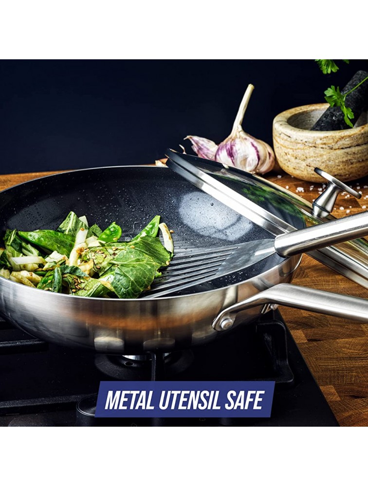 Blue Diamond Cookware Tri-Ply Stainless Steel Ceramic Nonstick 11 Wok Pan with Lid PFAS-Free Multi Clad Induction Dishwasher Safe Oven Safe Silver - BOA5JGPD1