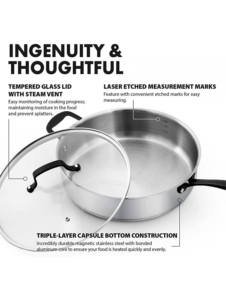 GrandTies Tri-Ply Stainless Steel Saute pan Induction Cookware – 5 QT 12 Inch Capsule Bottom Stainless Steel Pan Marquina Black Metal Handle Kitchen Cooking Pan with Lid Dishwasher Safe Pot & Pan - B2KM3KV6Z