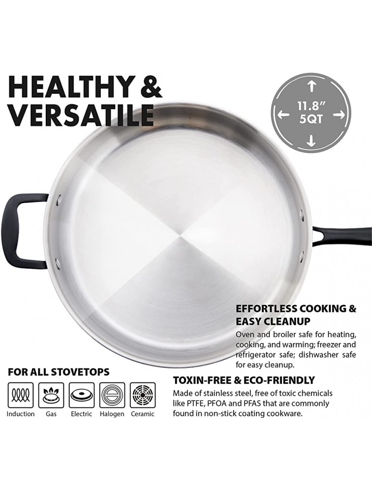 GrandTies Tri-Ply Stainless Steel Saute pan Induction Cookware – 5 QT 12 Inch Capsule Bottom Stainless Steel Pan Marquina Black Metal Handle Kitchen Cooking Pan with Lid Dishwasher Safe Pot & Pan - B2KM3KV6Z