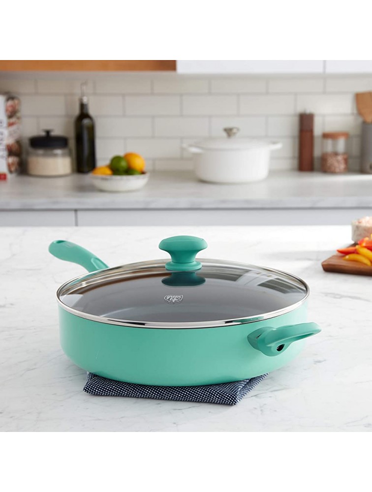 GreenLife Soft Grip Diamond Healthy Ceramic Nonstick 5QT Saute Pan Jumbo Cooker with Helper Handle and Lid PFAS-Free Dishwasher Safe Turquoise - BMJYWHSQC