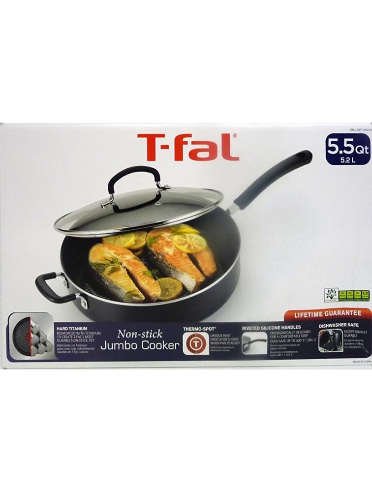 T-fal 1092330 Specialty Nonstick Dishwasher Safe Oven Safe Jumbo Cooker Saute Pan with Glass Lid Cookware 5.5-Quart Black - BCHJCC6HO