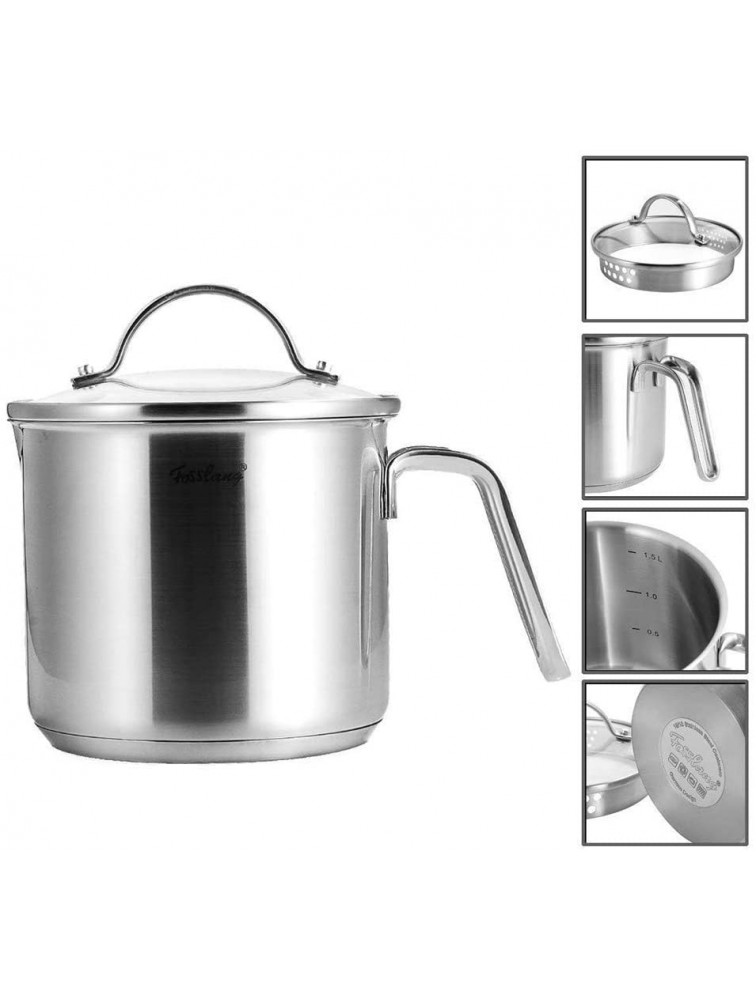 1.5 Quart Stainless Steel Saucepan With Pour Spout Fosslang Saucepan with Glass Lid 6 Cups Burner Pot With Spout for Boiling Milk Sauce Gravies Pasta Noodles - BUKP2I7D7