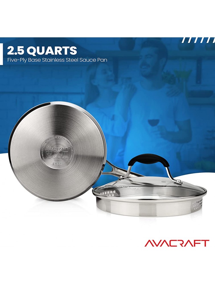 AVACRAFT Stainless Steel Saucepan with Glass Lid Strainer Lid Two Side Spouts for Easy Pour with Ergonomic Handle Multipurpose Sauce Pan with Lid Sauce Pot Tri-Ply Capsule Bottom 2.5 Quart - B8IJDWOP2
