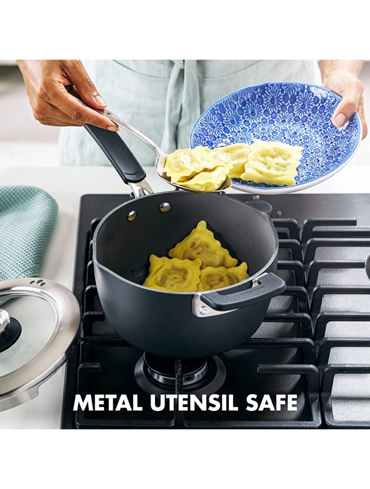 GreenPan Levels Stackable Hard Anodized Healthy Ceramic Nonstick 3QT Saucepan Pot with Straining Lid PFAS-Free Dishwasher Safe Black - BXLTT2G1C