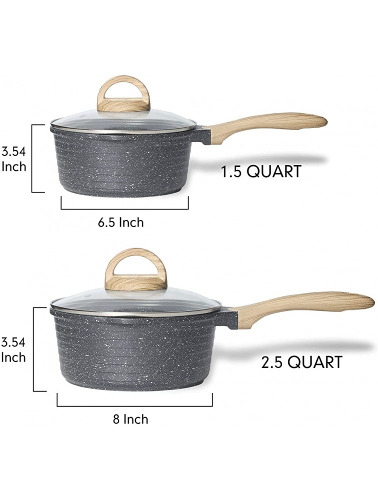 JEETEE Kitchen Nonstick Saucepan Set 1.5 Quart & 2.5 Quart Induction Granite Coating Cookware Sets with Glass Lid & Pour Spout PFOA Free Grey 4pcs Pots Set - B64NTC041