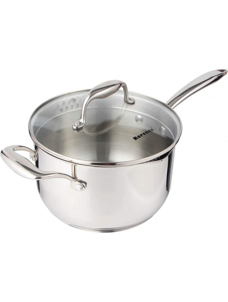 Rorence Stainless Steel Saucepan Sauce Pan with Pour Spout & Glass Lid with Strainer 3.7 Quart - B7BFD79EF