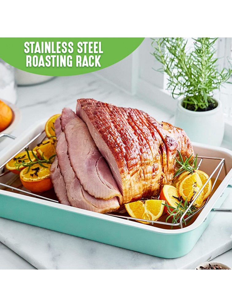 GreenLife Soft Grip Healthy Ceramic Nonstick 16.5 x 12 Roasting Pan with Stainless Steel Roaster Rack PFAS-Free Dishwasher Safe Turquoise - B8KSSR6RQ
