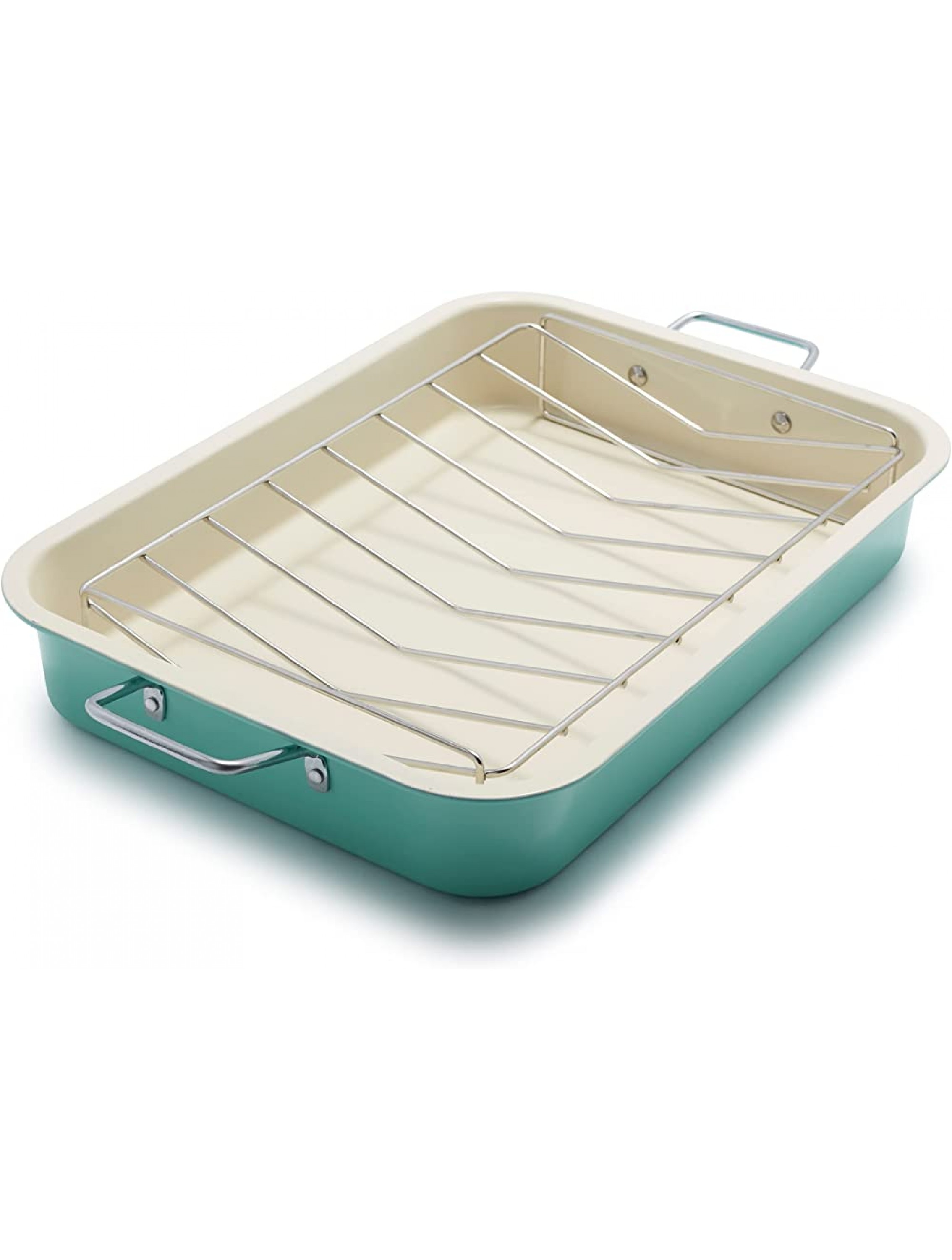 GreenLife Soft Grip Healthy Ceramic Nonstick 16.5 x 12 Roasting Pan with Stainless Steel Roaster Rack PFAS-Free Dishwasher Safe Turquoise - B8KSSR6RQ