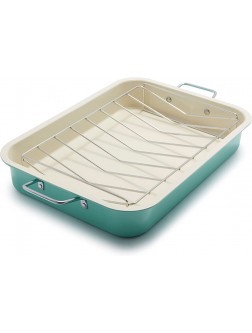 GreenLife Soft Grip Healthy Ceramic Nonstick 16.5" x 12" Roasting Pan with Stainless Steel Roaster Rack PFAS-Free Dishwasher Safe Turquoise - B8KSSR6RQ