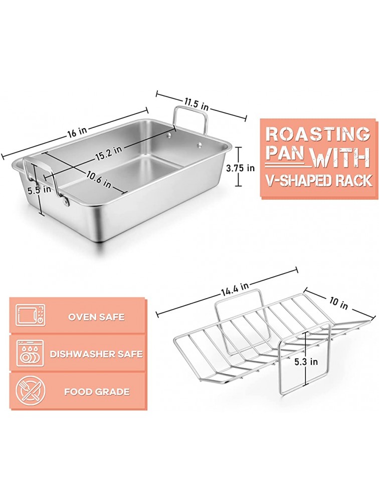 Leonyo Roasting Pan with V-shaped Rack Stainless Steel Rectangular 16” Turkey Roaster Pan with Handles for Chicken Lasagna Vegetables Brownie Non-stick Roasting Rack Heavy Duty Dishwasher Safe - BAM0M3XR9