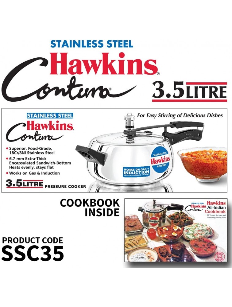 Hawkins SSC35 Induction Base Stainless Steel Pressure Cooker 3.5L Silver - BAMDXZUGJ