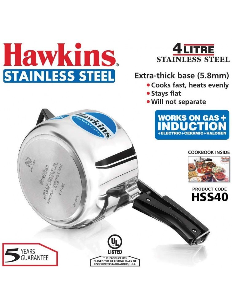 Hawkins Stainless Steel Induction Compatible Pressure Cooker 4 Litre Silver HSS40 - BRPNYU7TY