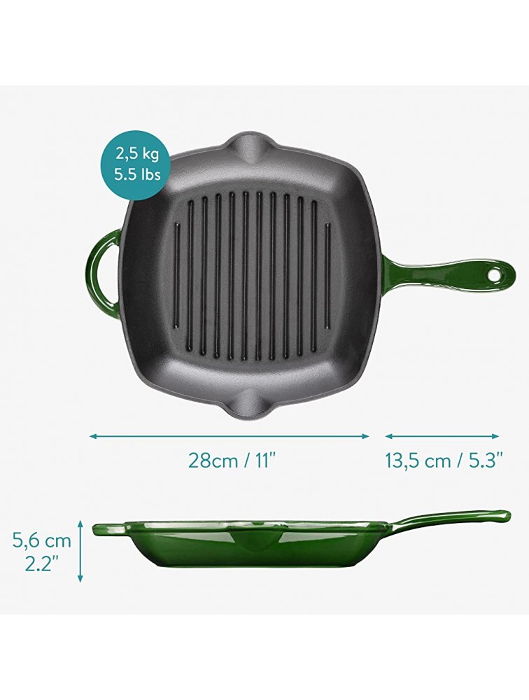 Navaris Enameled Cast Iron Grill Pan 11 inch Square Cast Iron Skillet Griddle Frying Pan Cookware with Easy to Clean Enamel Coated Finish Green - BEGG8NB4F