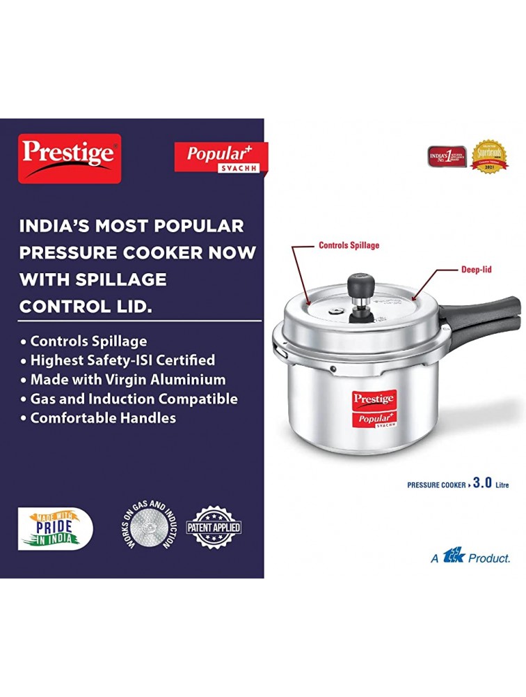 Prestige Popular Plus Svachh Aluminium Pressure Cooker 3.0 Litre Silver - BB1NZGLYB