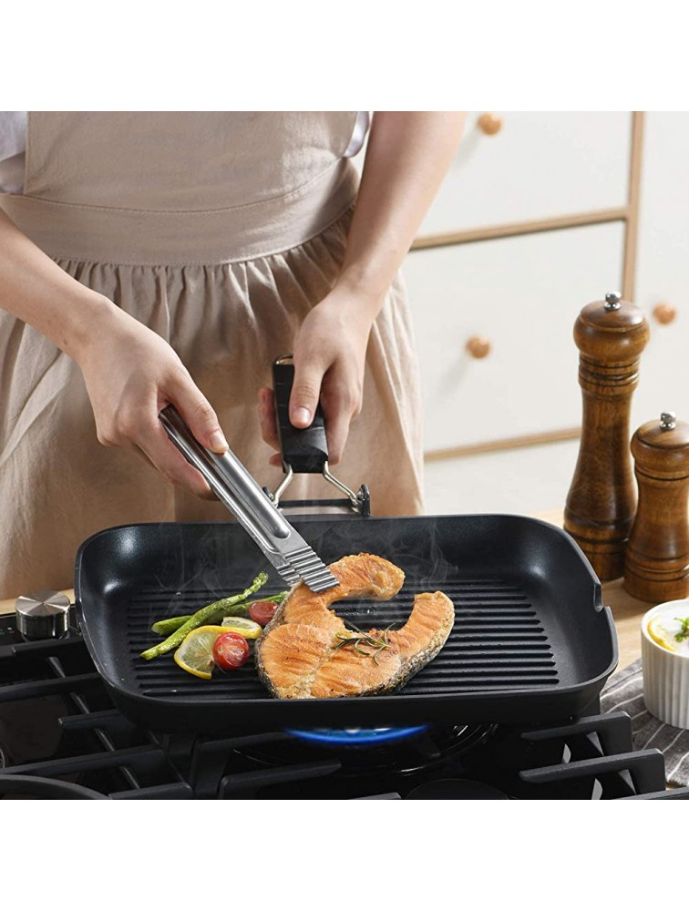 S·KITCHN Grill Pan with Folding Handle Nonstick Grill Pan for Stove Tops Induction Compatible KBBQ Grill Pan with Pour Spouts Indoor Rectangle BBQ Grilling Pan 13 × 9IN - BLVW4VVME