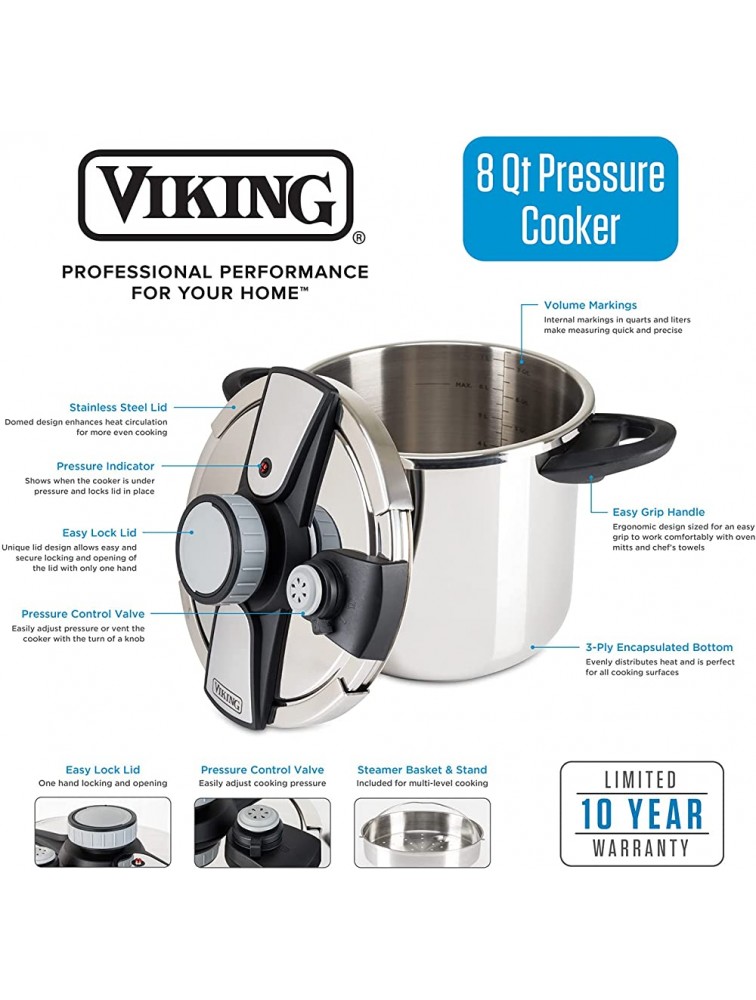 Viking Stainless Steel Pressure Cooker with Easy Lock Lid 8 Quart - BAZ0YEOZY