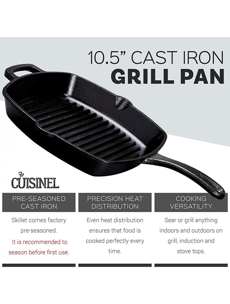 Cast Iron Square Grill Pan with Glass Lid 10.5 Inch Pre-Seasoned Skillet with Handle Cover and Pan Scraper Grill Stovetop Induction Safe Indoor and Outdoor Use for Grilling Frying Sauteing - BKEQY3I45
