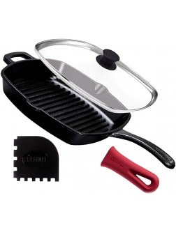 Cast Iron Square Grill Pan with Glass Lid 10.5 Inch Pre-Seasoned Skillet with Handle Cover and Pan Scraper Grill Stovetop Induction Safe Indoor and Outdoor Use for Grilling Frying Sauteing - BKEQY3I45