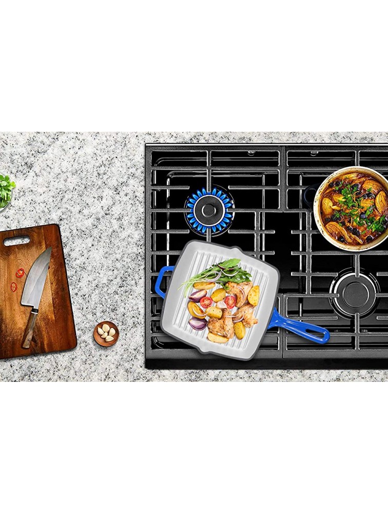 Enameled Cast Iron 10 Inch Square Cast Iron Grill Pan Skillet Grill Pan with Easy Grease Draining for Grilling Bacon Steak and Meats Stove Fire and Oven Safe Cobalt Blue - B5LU5KSCL