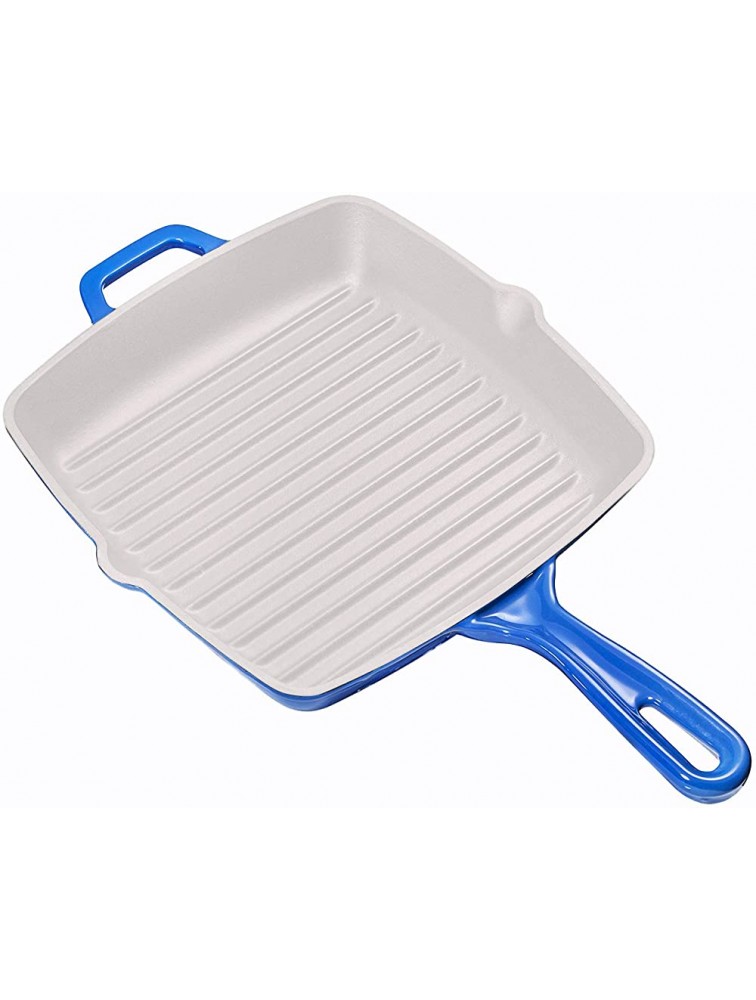 Enameled Cast Iron 10 Inch Square Cast Iron Grill Pan Skillet Grill Pan with Easy Grease Draining for Grilling Bacon Steak and Meats Stove Fire and Oven Safe Cobalt Blue - B5LU5KSCL