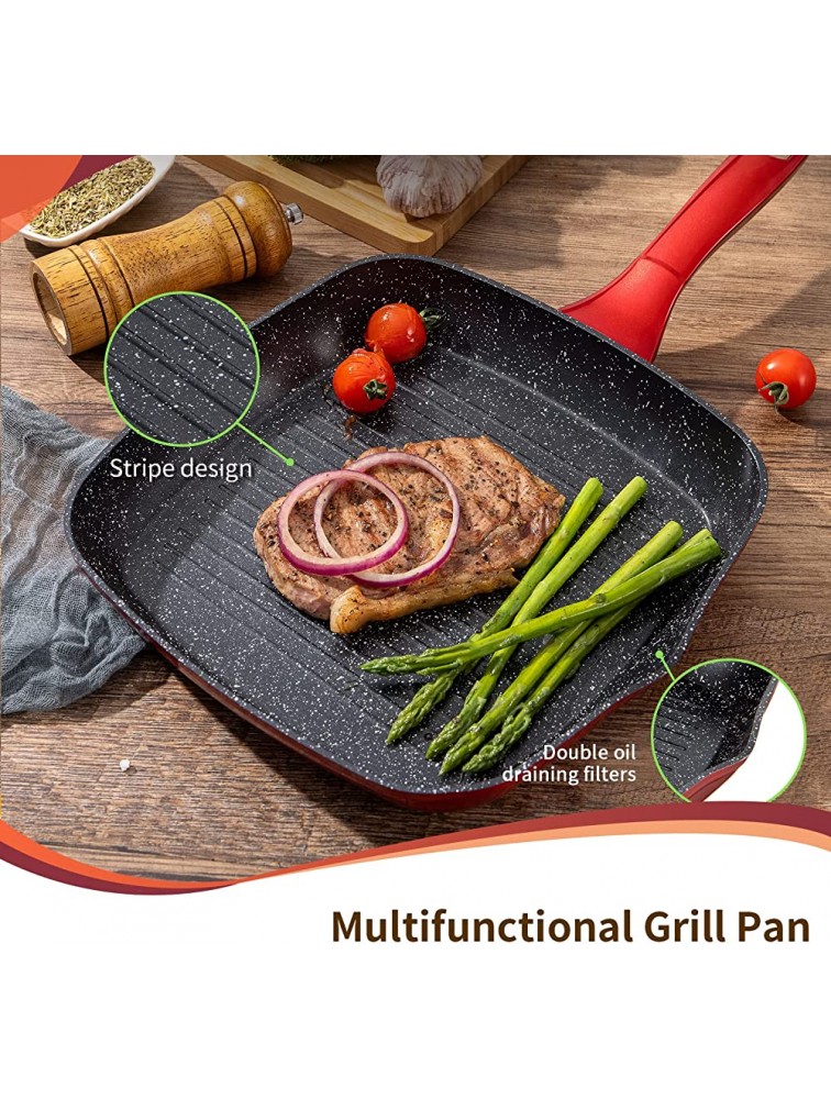 Grill Pan Nonstick Square Griddle Pan 10 inch with Cool Touch Handle Cooking Pan with Pour Spouts for All Stoves Induction Red - BE27NT7KQ