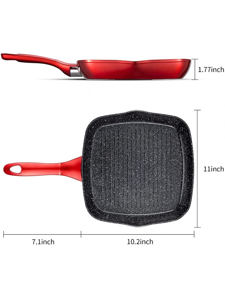 Grill Pan Nonstick Square Griddle Pan 10 inch with Cool Touch Handle Cooking Pan with Pour Spouts for All Stoves Induction Red - BE27NT7KQ