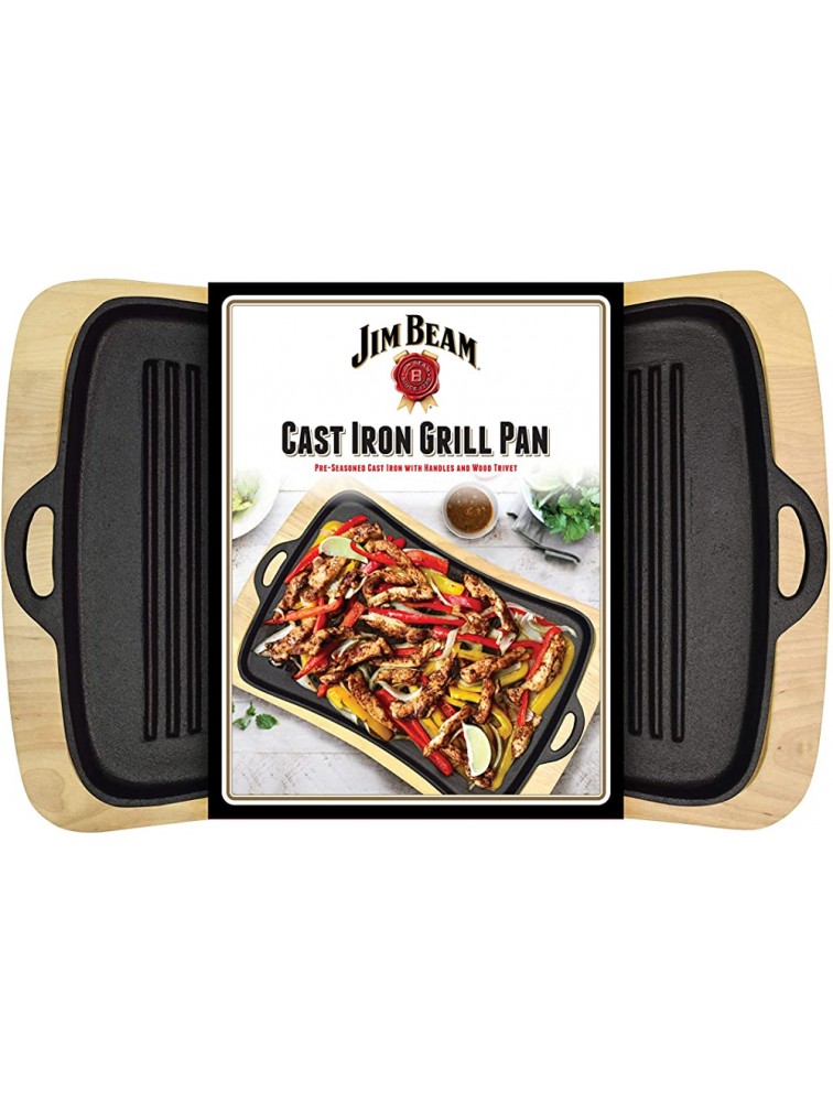 Jim Beam Cast Iron Fajita Pan with Wooden Trivet Pre-Seasoned Ideal for Barbecuing and Camping Large Black - BKIKO9ASH