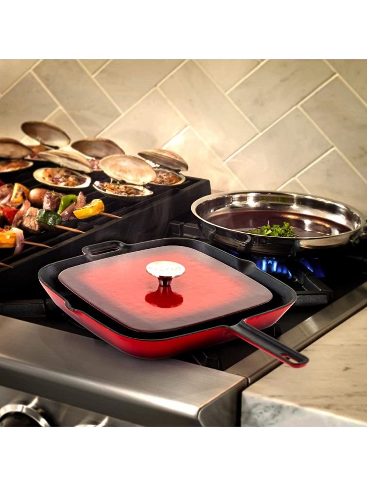 Megachef Enamel Cast Iron Pan with Matching Grill Press 11 Inch Red - B0J5C6GQV