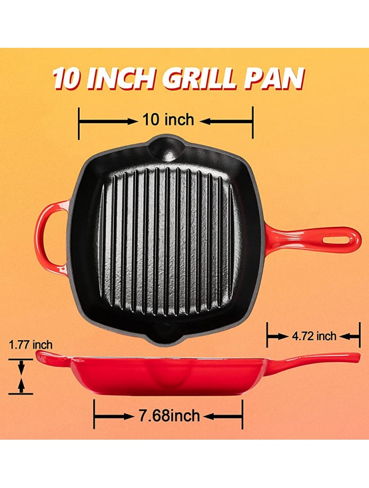 MICHELANGELO Cast Iron Grill Pan 10 Inch Cast Iron Pan with Enamel Coating Skillet Grill Pan for Stove Indoor Grill Pan for Induction Square Grill Pan Enamel Cast Iron Red - B8G17SVUA