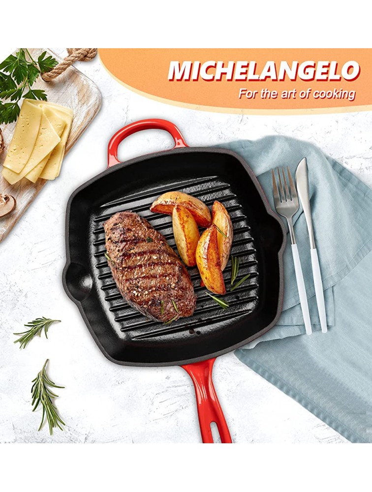 MICHELANGELO Cast Iron Grill Pan 10 Inch Cast Iron Pan with Enamel Coating Skillet Grill Pan for Stove Indoor Grill Pan for Induction Square Grill Pan Enamel Cast Iron Red - B8G17SVUA