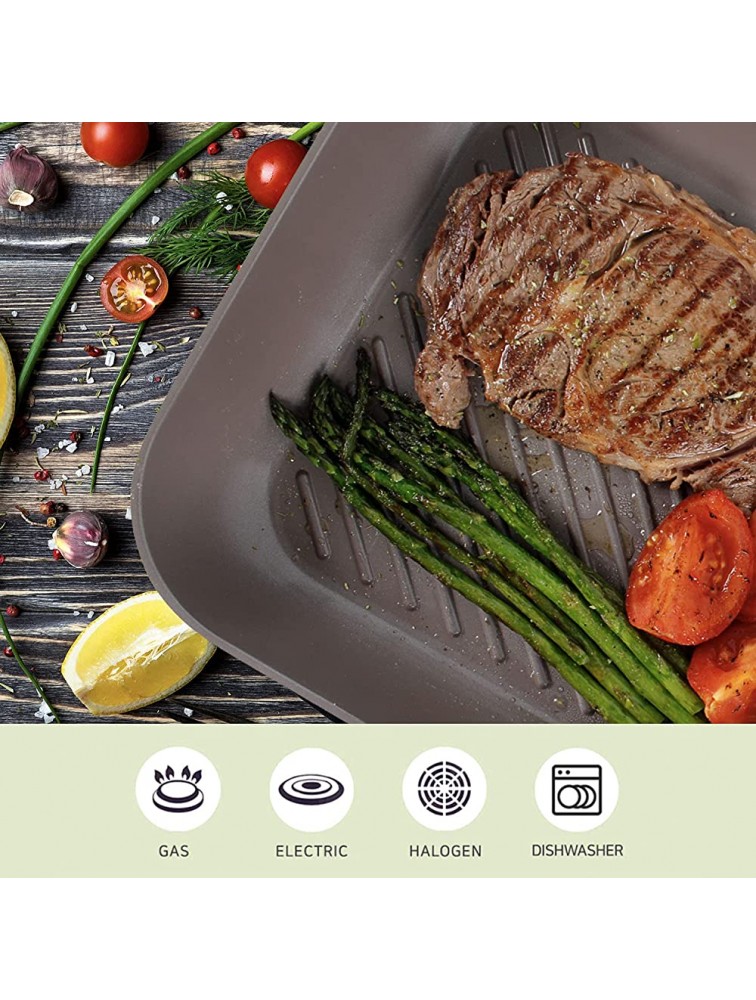Neoflam Eela Non Stick Pan Griddle Square Stovetop Grill with Sear Ridges PFOA Free Ecolon Ceramic Coating for Skillet Broil Fish Vegetables and Meat Scratch Resistant 11-Inch Olive Green - BQ543A1N6