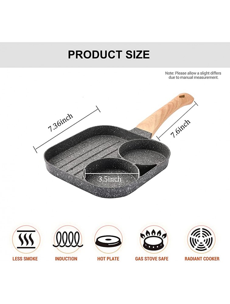 Nonstick Egg Frying Pan 3-in-1 Nonstick Pan Divided Grill Frying Pan Heat Resistant Handle 3 Section Skillet Mini Pancake Pan Cooking Pan for Breakfast Egg Bacon and Burgers - B4PVJ7810
