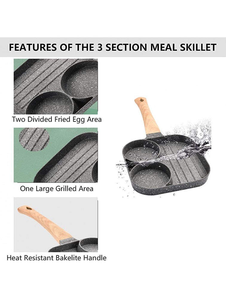 Nonstick Egg Frying Pan 3-in-1 Nonstick Pan Divided Grill Frying Pan Heat Resistant Handle 3 Section Skillet Mini Pancake Pan Cooking Pan for Breakfast Egg Bacon and Burgers - B4PVJ7810