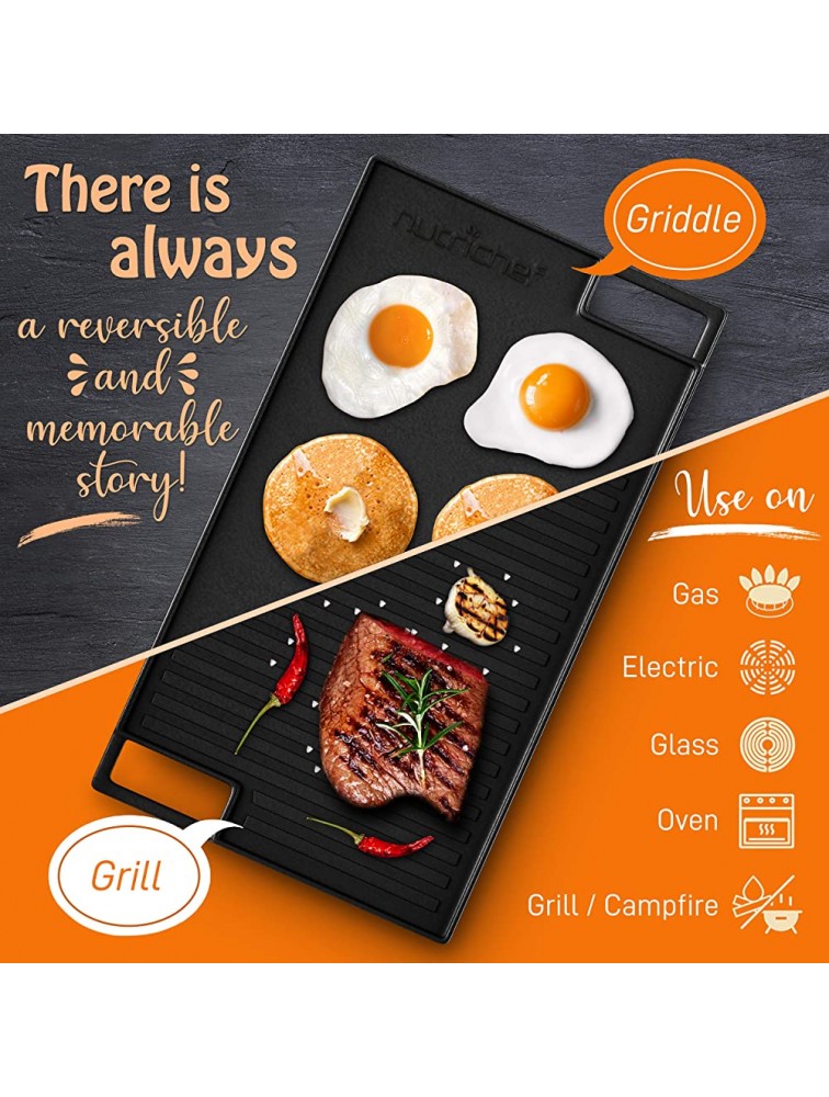 NutriChef Cast Iron Reversible Grill Plate 18 Inch Flat Cast Iron Skillet Griddle Pan For Stove Top Gas Range Grilling Pan w Silicone Oven Mitt For Electric Stovetop Ceramic Induction. - BPBBVLZ6B